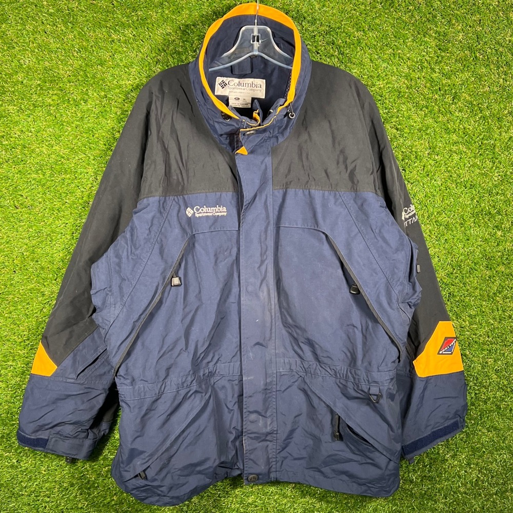 Columbia Titanium Parka Jacket Mens XL Navy Blue Black‎ Yellow Colorblock 90s